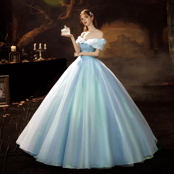 Cinderella Sky Blue Organza Dancing Prom Dresses 2021 Ball Gown Off-The-Shoulder Short Sleeve Butterfly Sequins Floor-Length / Long Ruffle Backless Formal Dresses