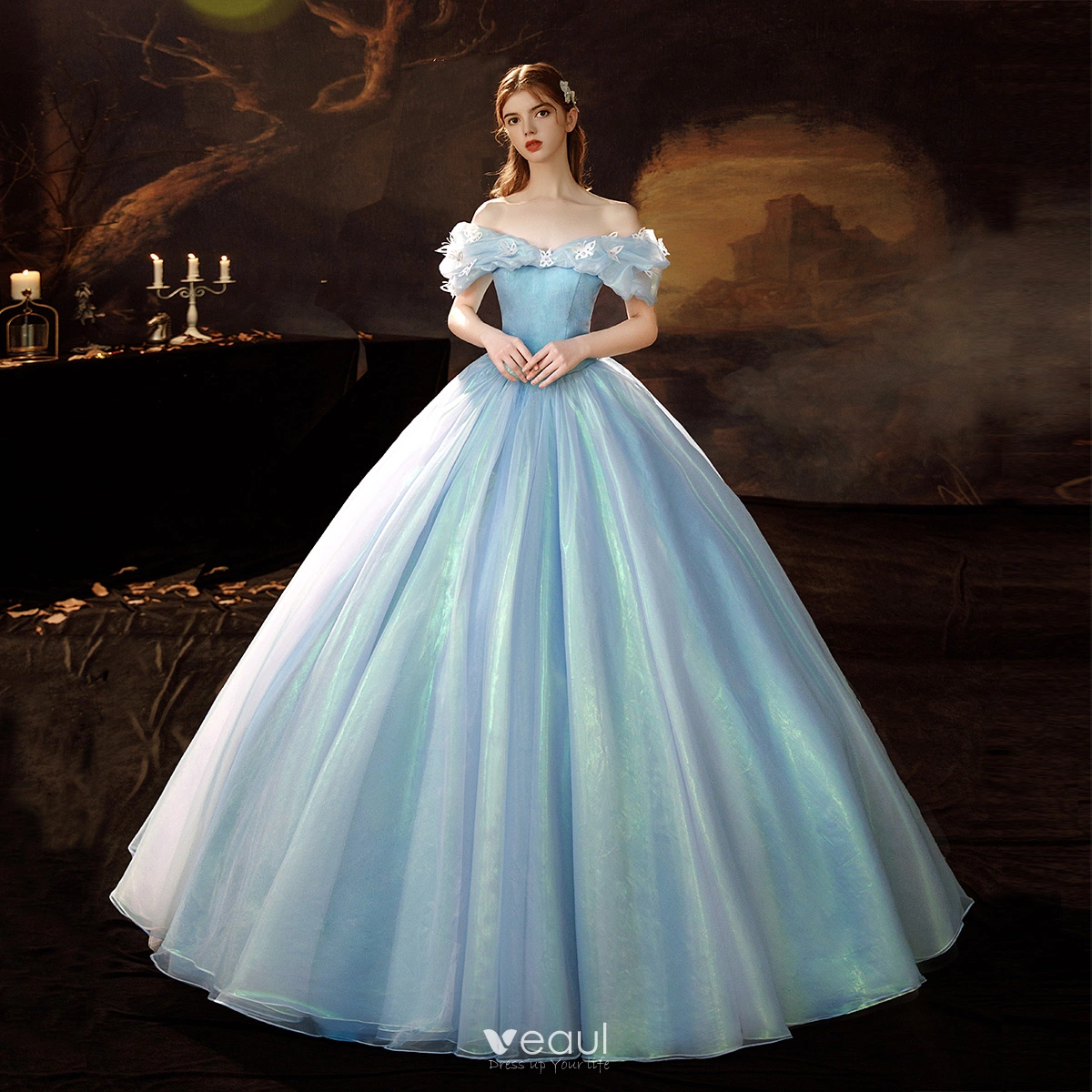 Cinderella Sky Blue Organza Dancing Prom Dresses 2021 Ball Gown Off-The-Shoulder Short