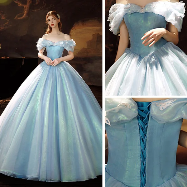 Aschenputtel Himmelblau Organza Tanzen Ballkleider 2021 Ballkleid Off Shoulder Kurze Ärmel Schmetterling Pailletten Lange Rüschen Rückenfreies Festliche Kleider