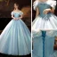 Aschenputtel Himmelblau Organza Tanzen Ballkleider 2021 Ballkleid Off Shoulder Kurze Ärmel Schmetterling Pailletten Lange Rüschen Rückenfreies Festliche Kleider