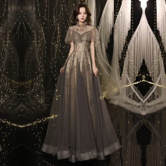 Vintage Originale Noire Doré Dansant Transparentes Robe De Bal 2021 Princesse Col Haut Manches Courtes Appliques Paillettes Glitter Tulle Longue Volants Dos Nu Robe De Ceremonie