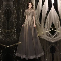 Vintage / Originale Noire Doré Dansant Transparentes Robe De Bal 2021 Princesse Col Haut Manches Courtes Appliques Paillettes Glitter Tulle Longue Volants Dos Nu Robe De Ceremonie