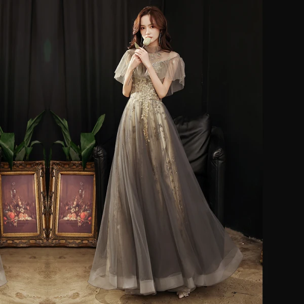 Vintage / Retro Black Gold Dancing See-through Prom Dresses 2021 A-Line / Princess High Neck Short Sleeve Appliques Sequins Glitter Tulle Floor-Length / Long Ruffle Backless Formal Dresses