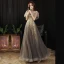 Vintage / Retro Black Gold Dancing See-through Prom Dresses 2021 A-Line / Princess High Neck Short Sleeve Appliques Sequins Glitter Tulle Floor-Length / Long Ruffle Backless Formal Dresses