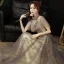 Vintage / Retro Black Gold Dancing See-through Prom Dresses 2021 A-Line / Princess High Neck Short Sleeve Appliques Sequins Glitter Tulle Floor-Length / Long Ruffle Backless Formal Dresses