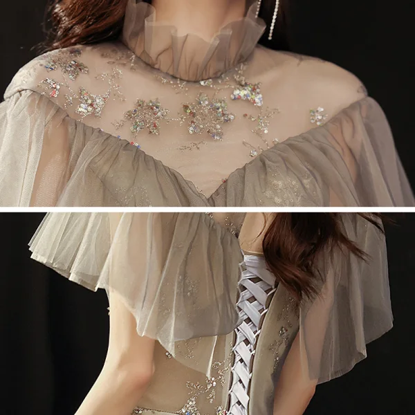 Vintage / Retro Black Gold Dancing See-through Prom Dresses 2021 A-Line / Princess High Neck Short Sleeve Appliques Sequins Glitter Tulle Floor-Length / Long Ruffle Backless Formal Dresses