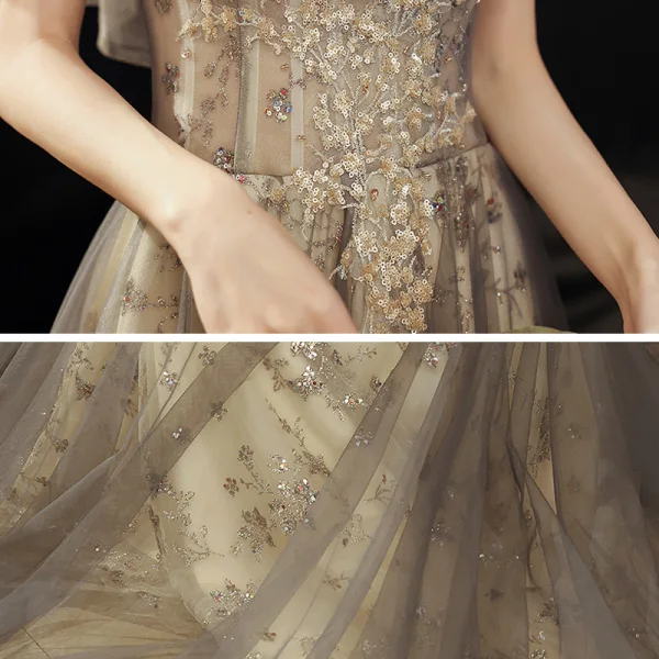 Vintage / Retro Black Gold Dancing See-through Prom Dresses 2021 A-Line / Princess High Neck Short Sleeve Appliques Sequins Glitter Tulle Floor-Length / Long Ruffle Backless Formal Dresses