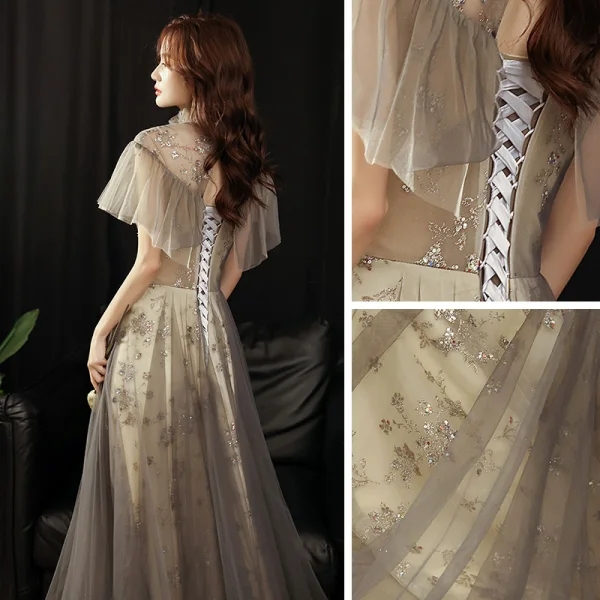 Vintage / Retro Black Gold Dancing See-through Prom Dresses 2021 A-Line / Princess High Neck Short Sleeve Appliques Sequins Glitter Tulle Floor-Length / Long Ruffle Backless Formal Dresses