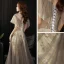 Vintage / Retro Black Gold Dancing See-through Prom Dresses 2021 A-Line / Princess High Neck Short Sleeve Appliques Sequins Glitter Tulle Floor-Length / Long Ruffle Backless Formal Dresses
