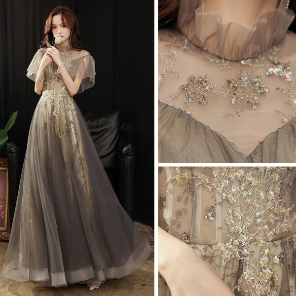 Vintage / Retro Black Gold Dancing See-through Prom Dresses 2021 A-Line / Princess High Neck Short Sleeve Appliques Sequins Glitter Tulle Floor-Length / Long Ruffle Backless Formal Dresses