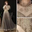 Vintage / Retro Black Gold Dancing See-through Prom Dresses 2021 A-Line / Princess High Neck Short Sleeve Appliques Sequins Glitter Tulle Floor-Length / Long Ruffle Backless Formal Dresses