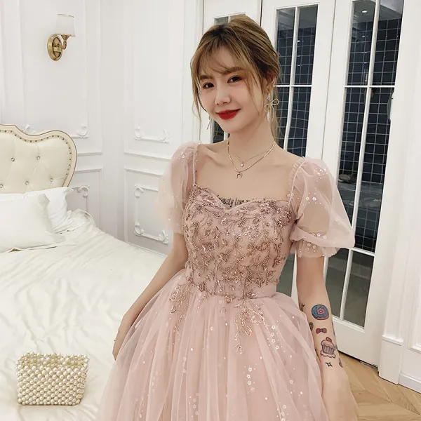 Victorian Style Blushing Pink Dancing Prom Dresses 2021 A-Line / Princess Square Neckline Puffy Short Sleeve Beading Sequins Floor-Length / Long Ruffle Backless Formal Dresses