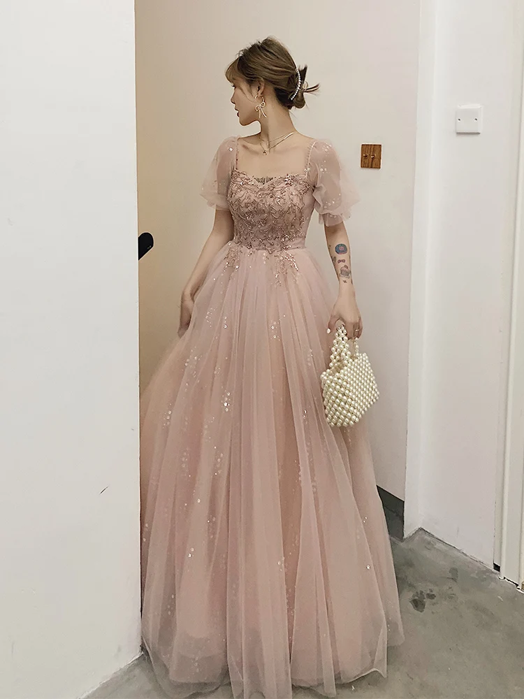 Victorian Style Blushing Pink Dancing Prom Dresses 2021 A-Line Princess Square Neckline