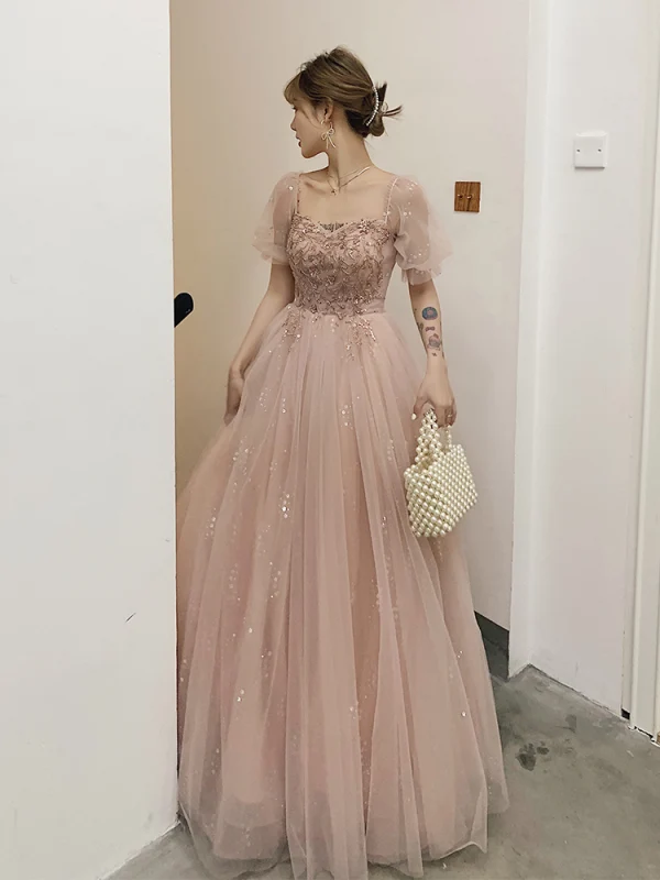 Victorian Style Blushing Pink Dancing Prom Dresses 2021 A-Line / Princess Square Neckline Puffy Short Sleeve Beading Sequins Floor-Length / Long Ruffle Backless Formal Dresses