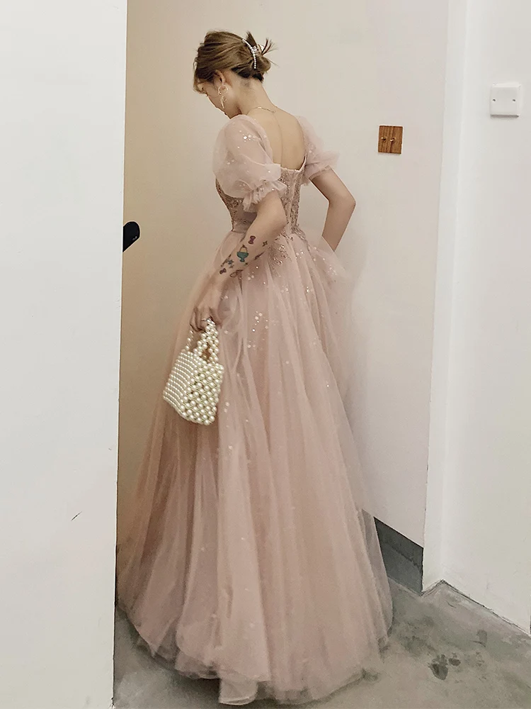 Victorian Style Blushing Pink Dancing Prom Dresses 2021 A-Line Princess Square Neckline