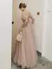 Victorian Style Blushing Pink Dancing Prom Dresses 2021 A-Line / Princess Square Neckline Puffy Short Sleeve Beading Sequins Floor-Length / Long Ruffle Backless Formal Dresses