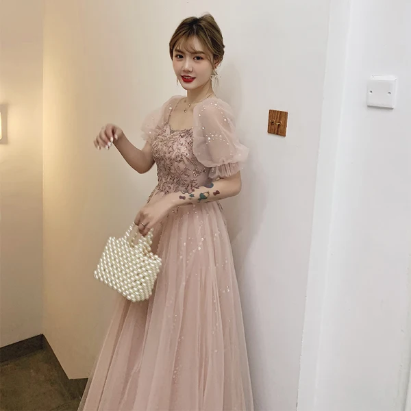 Victorian Style Blushing Pink Dancing Prom Dresses 2021 A-Line / Princess Square Neckline Puffy Short Sleeve Beading Sequins Floor-Length / Long Ruffle Backless Formal Dresses
