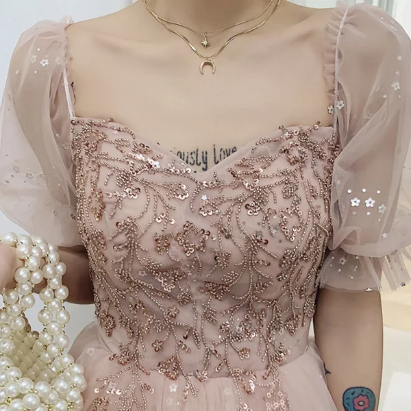 Victorian Style Blushing Pink Dancing Prom Dresses 2021 A-Line / Princess Square Neckline Puffy Short Sleeve Beading Sequins Floor-Length / Long Ruffle Backless Formal Dresses