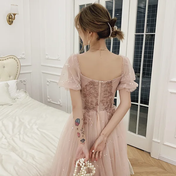 Victorian Style Blushing Pink Dancing Prom Dresses 2021 A-Line / Princess Square Neckline Puffy Short Sleeve Beading Sequins Floor-Length / Long Ruffle Backless Formal Dresses
