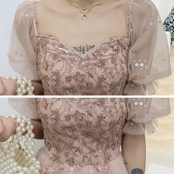 Victorian Style Blushing Pink Dancing Prom Dresses 2021 A-Line / Princess Square Neckline Puffy Short Sleeve Beading Sequins Floor-Length / Long Ruffle Backless Formal Dresses