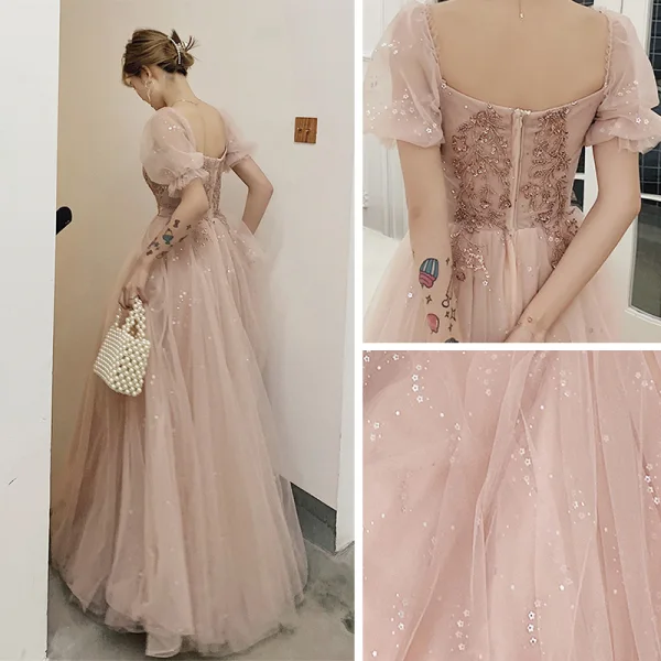 Victorian Style Blushing Pink Dancing Prom Dresses 2021 A-Line / Princess Square Neckline Puffy Short Sleeve Beading Sequins Floor-Length / Long Ruffle Backless Formal Dresses