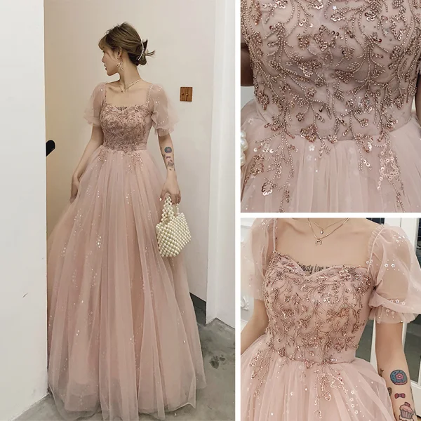Victorian Style Blushing Pink Dancing Prom Dresses 2021 A-Line / Princess Square Neckline Puffy Short Sleeve Beading Sequins Floor-Length / Long Ruffle Backless Formal Dresses