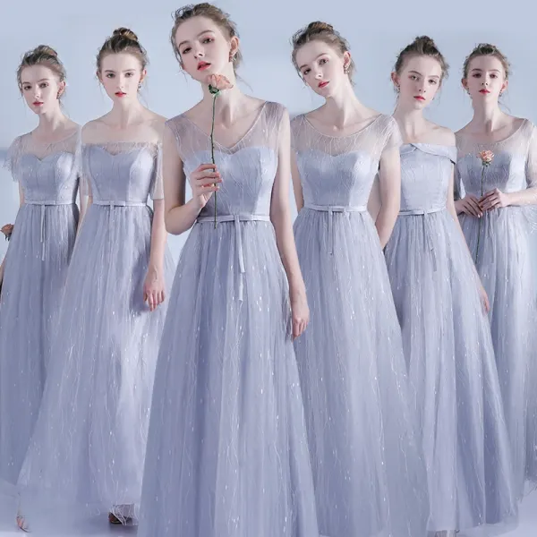 Affordable Grey See-through Bridesmaid Dresses 2021 A-Line / Princess Backless Appliques Lace Sash Floor-Length / Long Ruffle