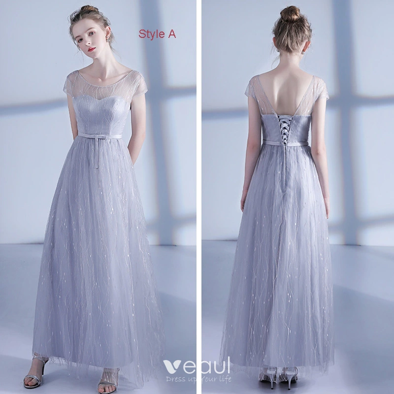 Modest / Simple Grey Bridesmaid Dresses 2024 A-Line / Princess Short Sleeve  Backless Floor-Length / Long