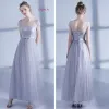 Affordable Grey See-through Bridesmaid Dresses 2021 A-Line / Princess Backless Appliques Lace Sash Floor-Length / Long Ruffle