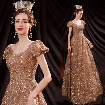 Scintillantes Doré Dansant Robe De Bal 2021 Princesse Encolure Dégagée Gonflée Manches Courtes Paillettes Longue Volants Dos Nu Robe De Ceremonie
