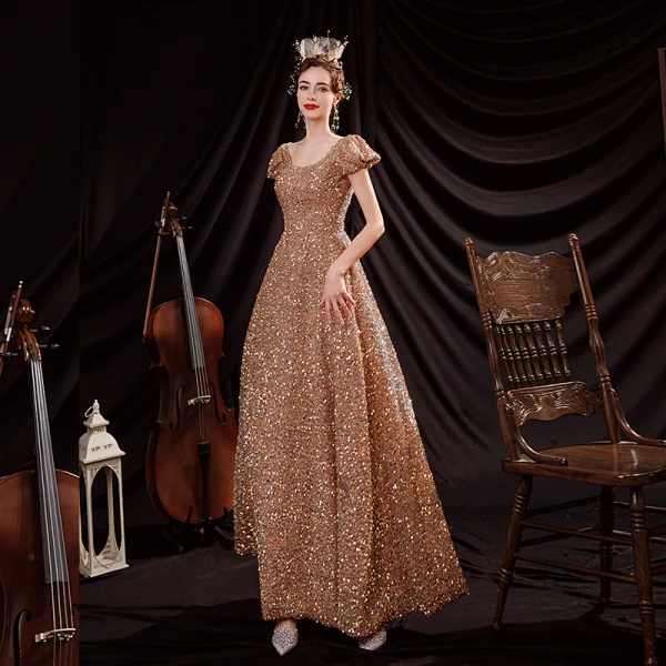 Sparkly Gold Dancing Prom Dresses 2021 A-Line / Princess Scoop Neck Puffy Short Sleeve Sequins Floor-Length / Long Ruffle Backless Formal Dresses