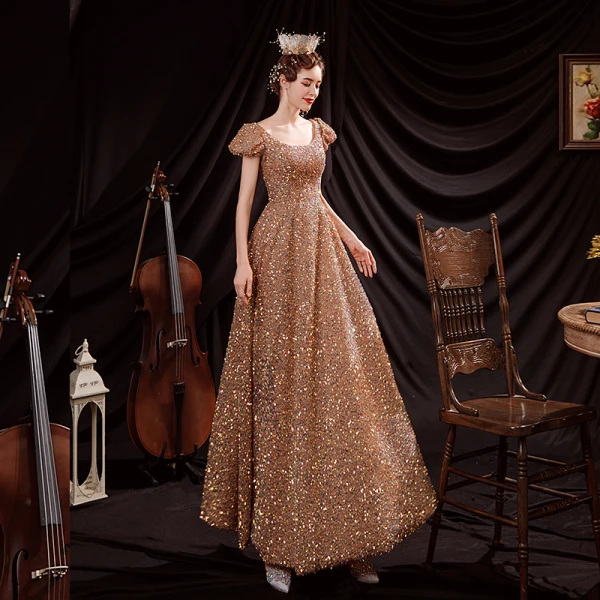Sparkly Gold Dancing Prom Dresses 2021 A-Line / Princess Scoop Neck Puffy  Short Sleeve Sequins Floor-