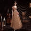 Sparkly Gold Dancing Prom Dresses 2021 A-Line / Princess Scoop Neck Puffy Short Sleeve Sequins Floor-Length / Long Ruffle Backless Formal Dresses