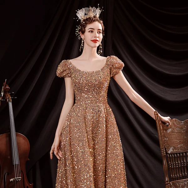 Sparkly Gold Dancing Prom Dresses 2021 A-Line / Princess Scoop Neck Puffy Short Sleeve Sequins Floor-Length / Long Ruffle Backless Formal Dresses