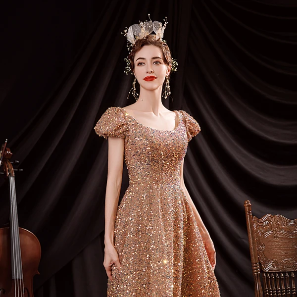 Sparkly Gold Dancing Prom Dresses 2021 A-Line / Princess Scoop Neck Puffy Short Sleeve Sequins Floor-Length / Long Ruffle Backless Formal Dresses