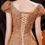 Sparkly Gold Dancing Prom Dresses 2021 A-Line / Princess Scoop Neck Puffy Short Sleeve Sequins Floor-Length / Long Ruffle Backless Formal Dresses