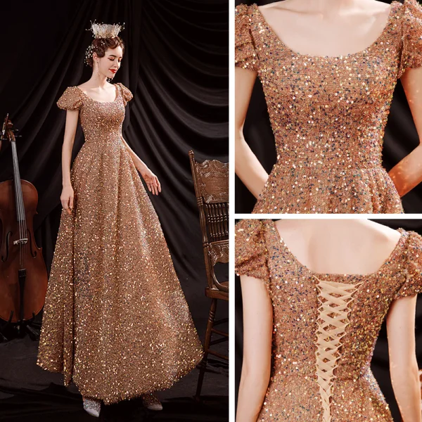 Sparkly Gold Dancing Prom Dresses 2021 A-Line / Princess Scoop Neck Puffy Short Sleeve Sequins Floor-Length / Long Ruffle Backless Formal Dresses