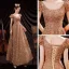 Sparkly Gold Dancing Prom Dresses 2021 A-Line / Princess Scoop Neck Puffy Short Sleeve Sequins Floor-Length / Long Ruffle Backless Formal Dresses