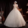 Affordable White Outdoor / Garden Wedding Dresses 2021 Ball Gown See-through Deep V-Neck Sleeveless Backless Glitter Tulle Floor-Length / Long Ruffle