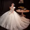 Affordable White Outdoor / Garden Wedding Dresses 2021 Ball Gown See-through Deep V-Neck Sleeveless Backless Glitter Tulle Floor-Length / Long Ruffle