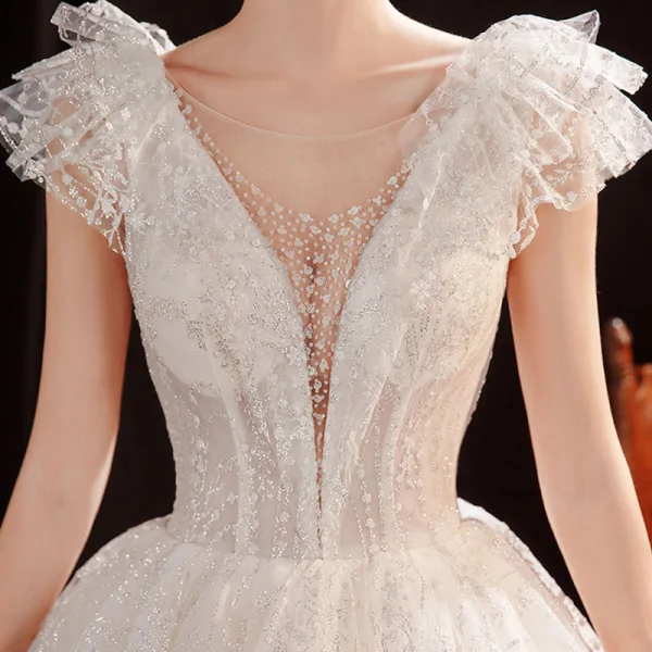 Affordable White Outdoor / Garden Wedding Dresses 2021 Ball Gown See-through Deep V-Neck Sleeveless Backless Glitter Tulle Floor-Length / Long Ruffle