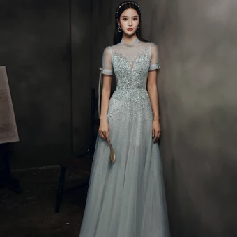 Haut De Gamme Gris Dansant Transparentes Robe De Bal 2021 Princesse Col Haut Gonflée Manches Courtes Perlage Paillettes Longue Volants Dos Nu Robe De Ceremonie