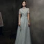 High-end Grey Dancing See-through Prom Dresses 2021 A-Line / Princess High Neck Puffy Short Sleeve Beading Sequins Floor-Length / Long Ruffle Backless Formal Dresses