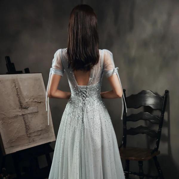 High-end Grey Dancing See-through Prom Dresses 2021 A-Line / Princess High Neck Puffy Short Sleeve Beading Sequins Floor-Length / Long Ruffle Backless Formal Dresses
