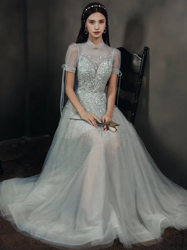 High-end Grey Dancing See-through Prom Dresses 2021 A-Line / Princess High Neck Puffy Short Sleeve Beading Sequins Floor-Length / Long Ruffle Backless Formal Dresses
