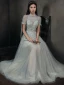 High-end Grey Dancing See-through Prom Dresses 2021 A-Line / Princess High Neck Puffy Short Sleeve Beading Sequins Floor-Length / Long Ruffle Backless Formal Dresses