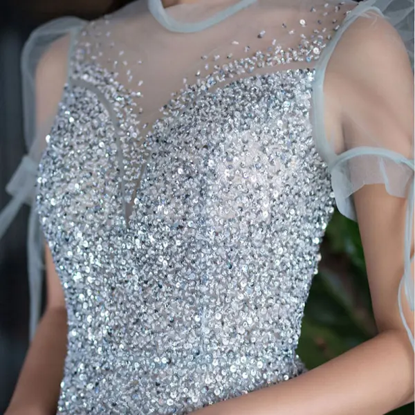 High-end Grey Dancing See-through Prom Dresses 2021 A-Line / Princess High Neck Puffy Short Sleeve Beading Sequins Floor-Length / Long Ruffle Backless Formal Dresses