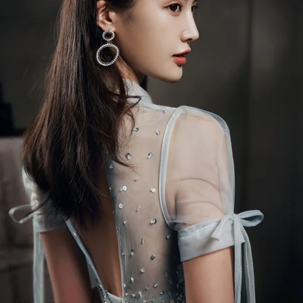 High-end Grey Dancing See-through Prom Dresses 2021 A-Line / Princess High Neck Puffy Short Sleeve Beading Sequins Floor-Length / Long Ruffle Backless Formal Dresses