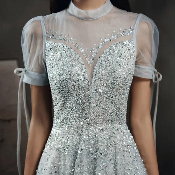 High-end Grey Dancing See-through Prom Dresses 2021 A-Line / Princess High Neck Puffy Short Sleeve Beading Sequins Floor-Length / Long Ruffle Backless Formal Dresses