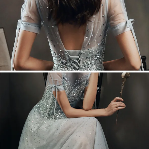 High-end Grey Dancing See-through Prom Dresses 2021 A-Line / Princess High Neck Puffy Short Sleeve Beading Sequins Floor-Length / Long Ruffle Backless Formal Dresses